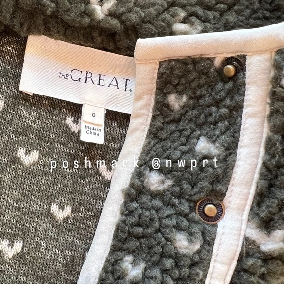 THE GREAT🏕️ Countryside Sherpa Heart Sweater Pullover Jacket Olive Green 0 XS - Picture 5 of 13